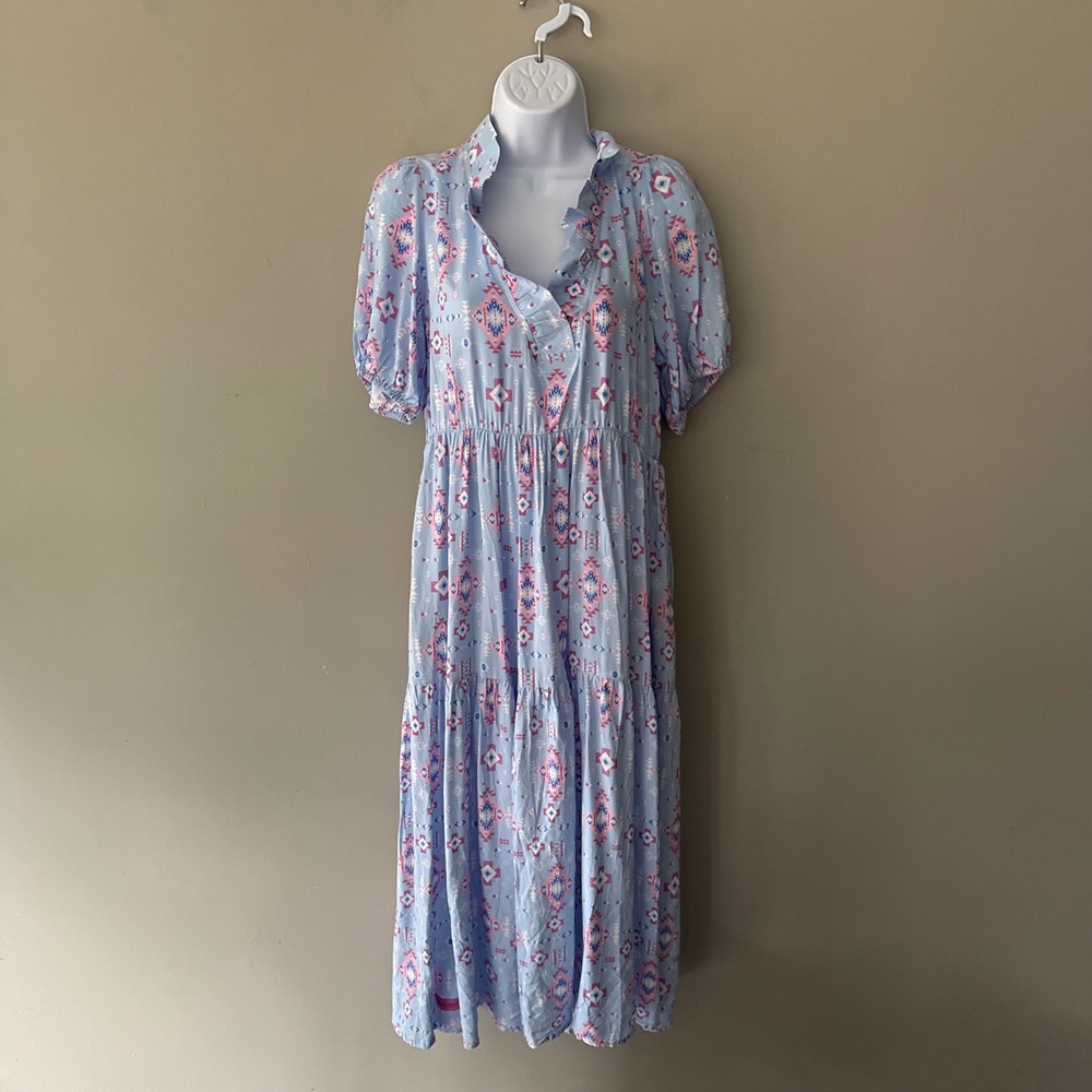 Simply Southern Aztec Ruffle Maxi Dress Blue Pink Geometric Puff Sleeves NWT Sml